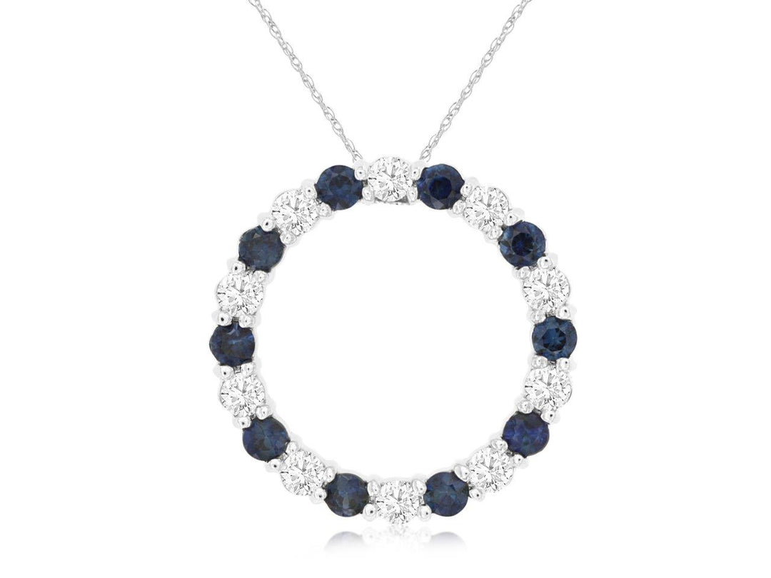 14KW Blue Sapphire and Diamond Circle Pendant Necklace