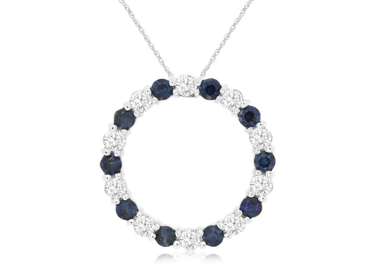 14KW Blue Sapphire and Diamond Circle Pendant Necklace