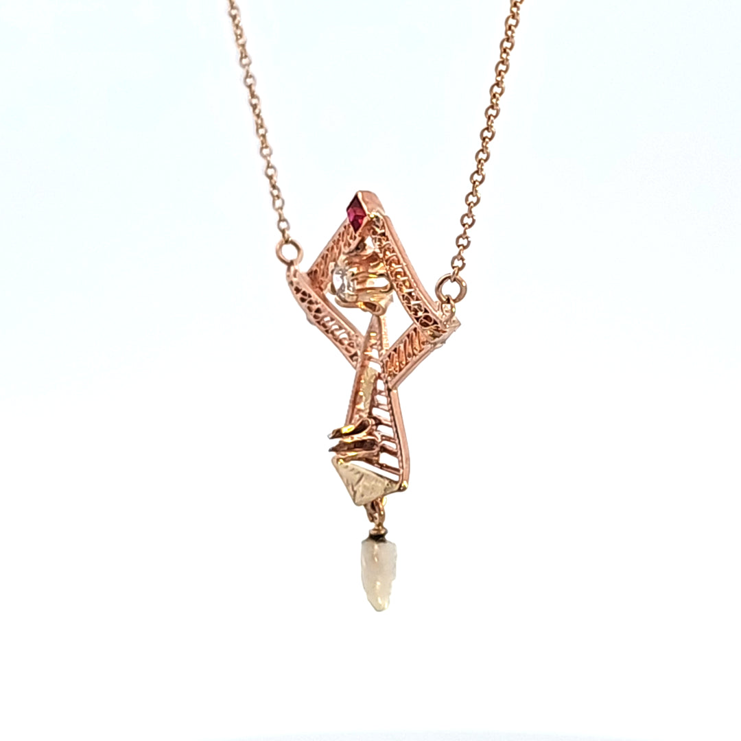 14KR Diamond and Pearl Estate Necklace
