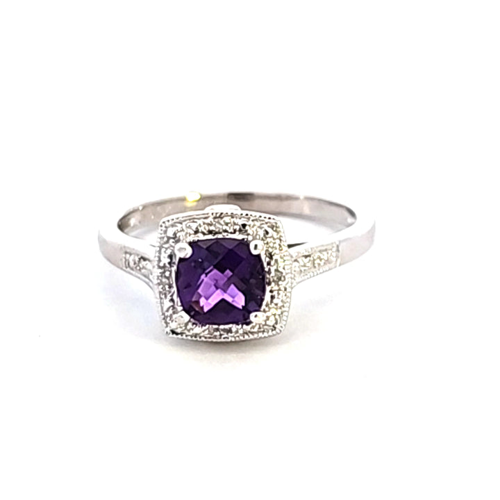 10KW Cushion Amethyst and Diamond Ring