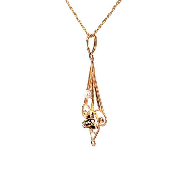14KY Pearl and Diamond Openwork Estate Pendant