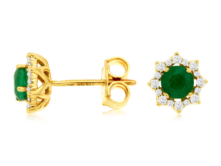 14KY Emerald and Diamond Halo Earrings