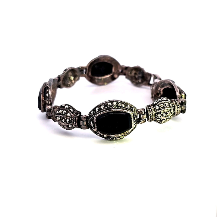 Sterling Silver Onyx and Marcasite Bracelet