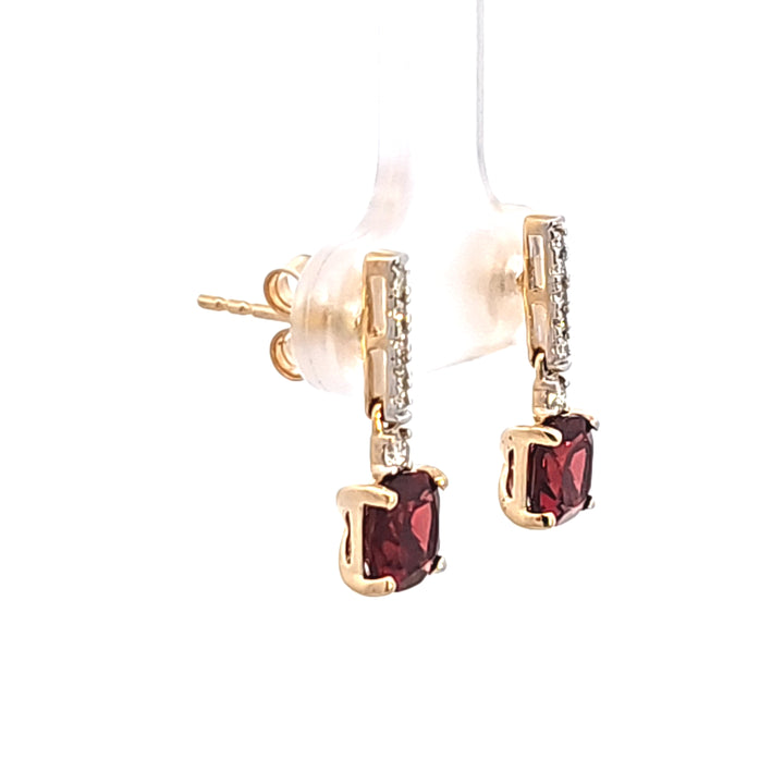 14KY Cushion Garnet and Diamond Drop Earrings
