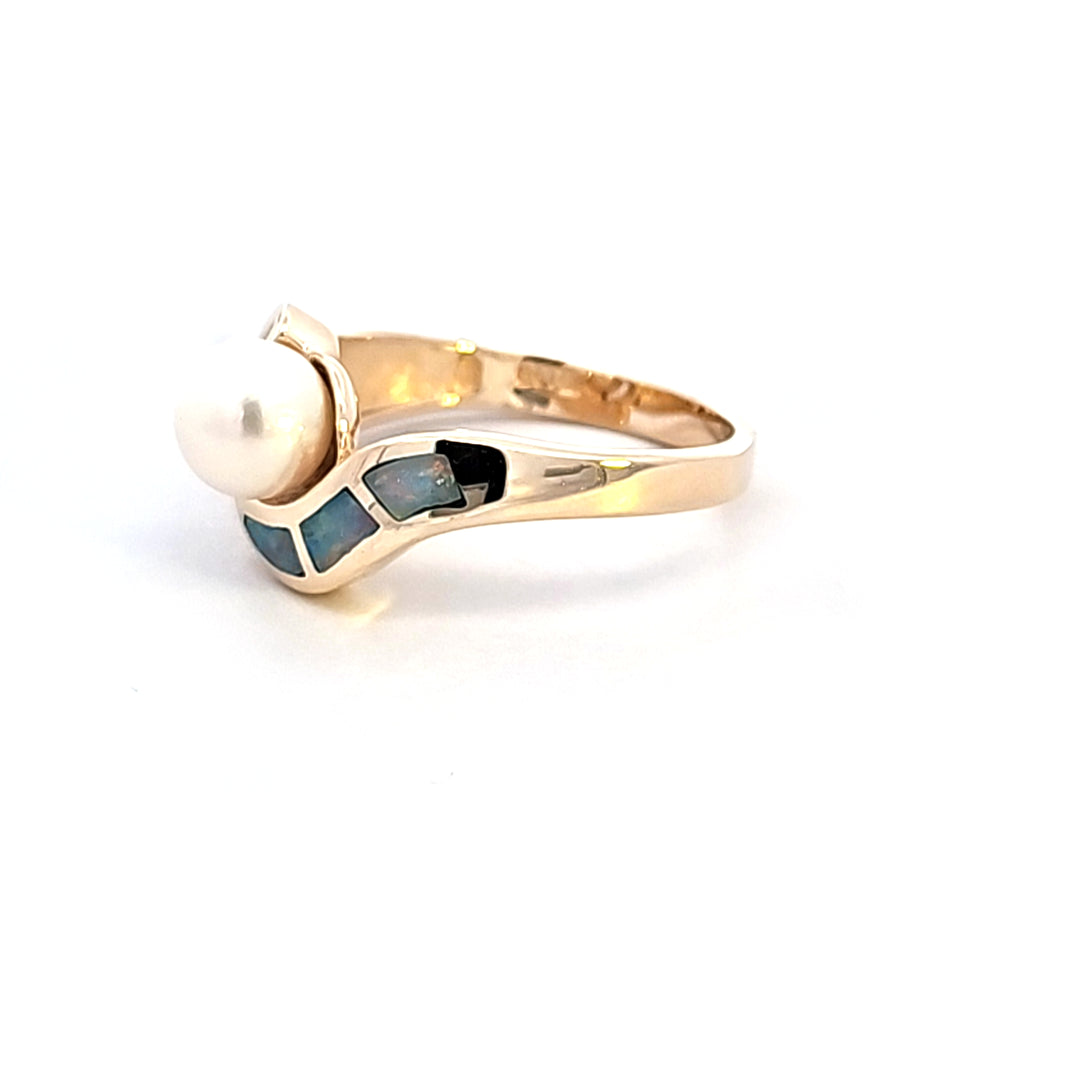 14KY Pearl and Diamond Estate Ring with Opal Inlays