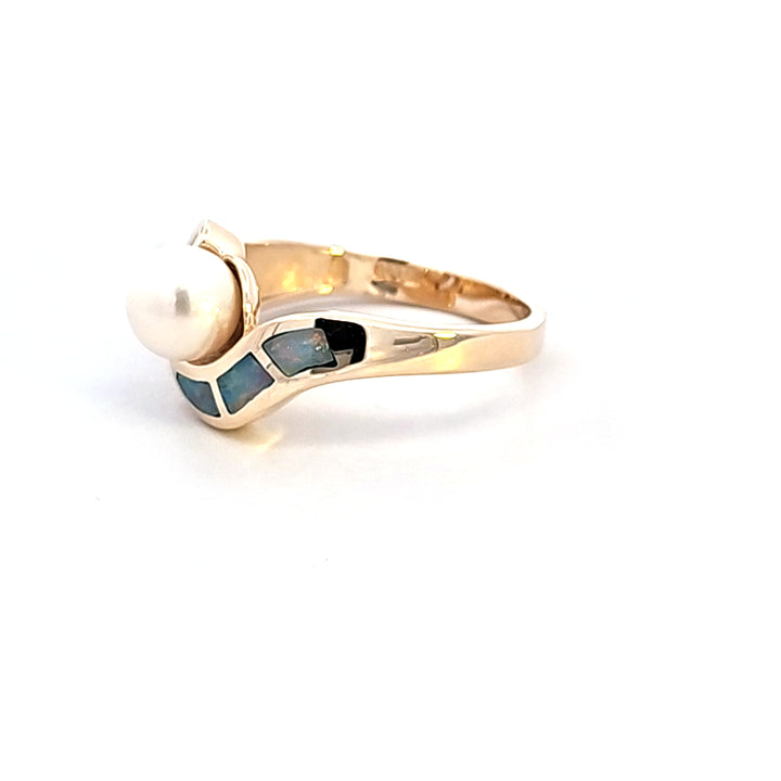 14KY Pearl and Diamond Estate Ring with Opal Inlays
