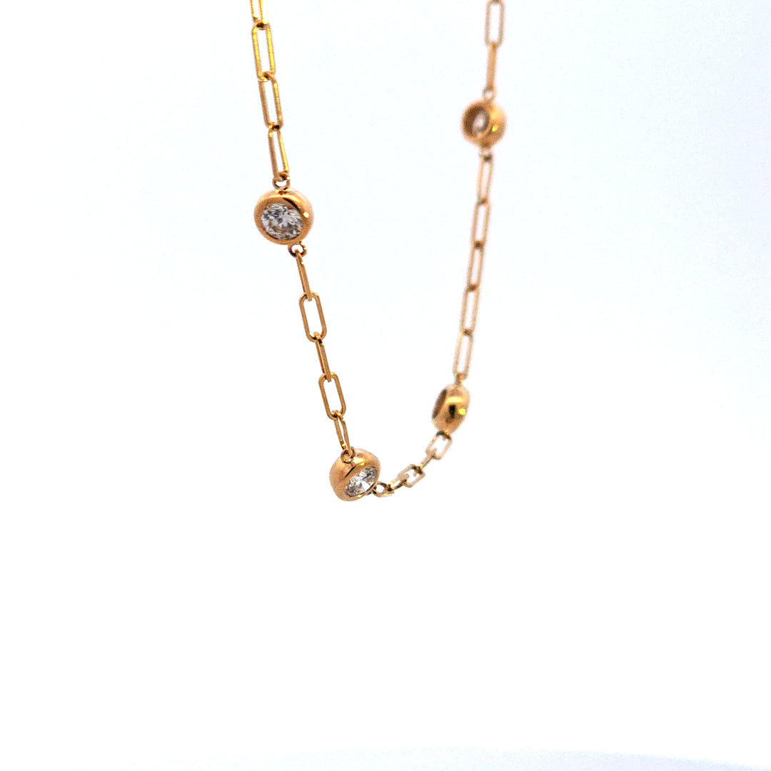 14KY 18" Paper Clip Diamond Bezel Station Necklace