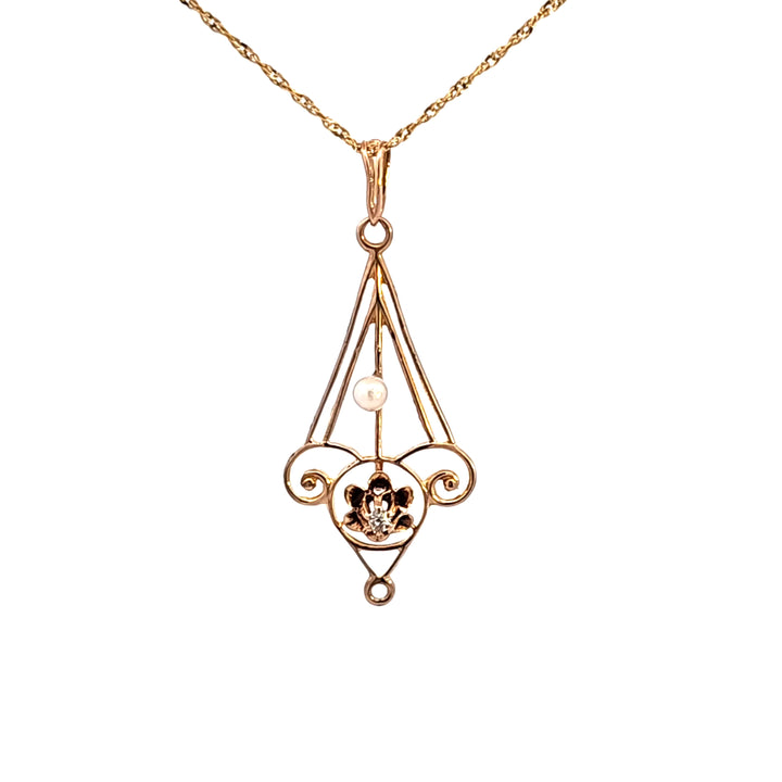 14KY Pearl and Diamond Openwork Estate Pendant