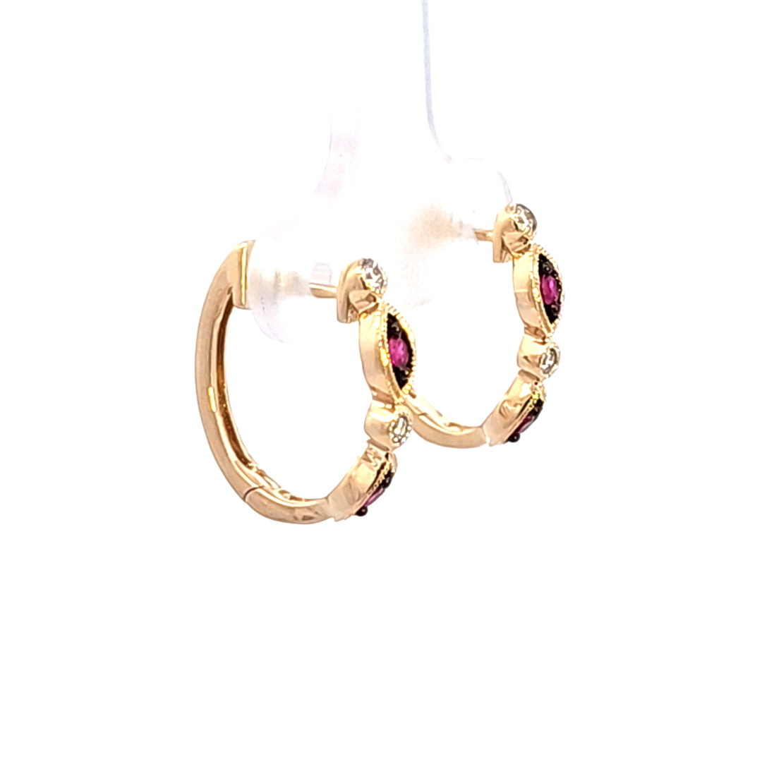 14KY Ruby and Diamond Hoop Earrings