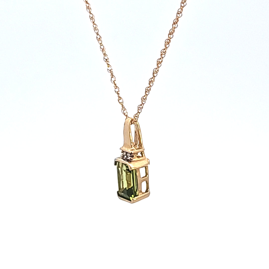 14KY Emerald Cut Peridot and Diamond Estate Pendant