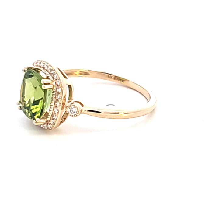 14KY Cushion Peridot and Diamond Halo Ring