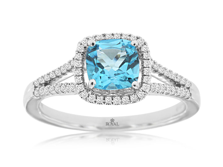 14KW Cushion Blue Topaz and Diamond Ring