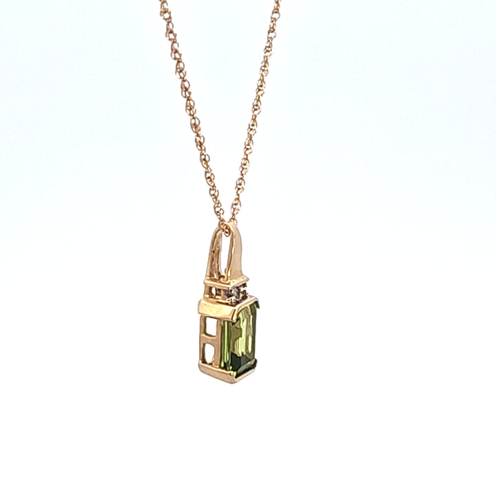 14KY Emerald Cut Peridot and Diamond Estate Pendant