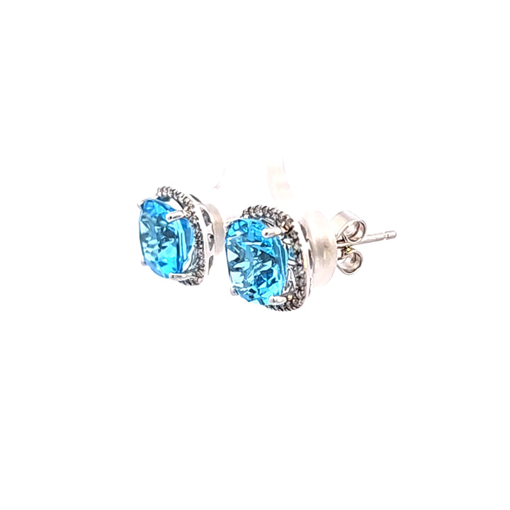 14KW Cushion Blue Topaz and Diamond Halo Earrings
