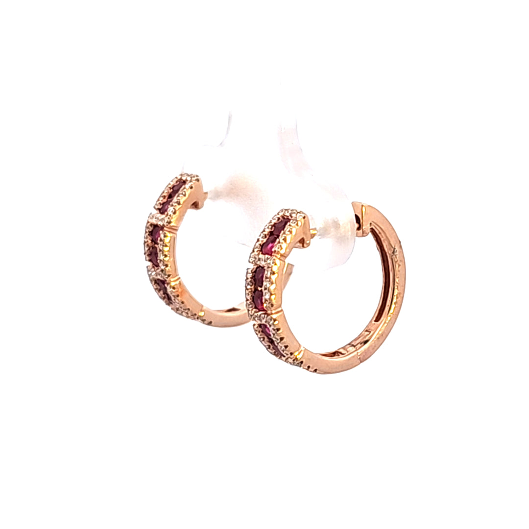 14KR Ruby and Diamond Hoop Earrings