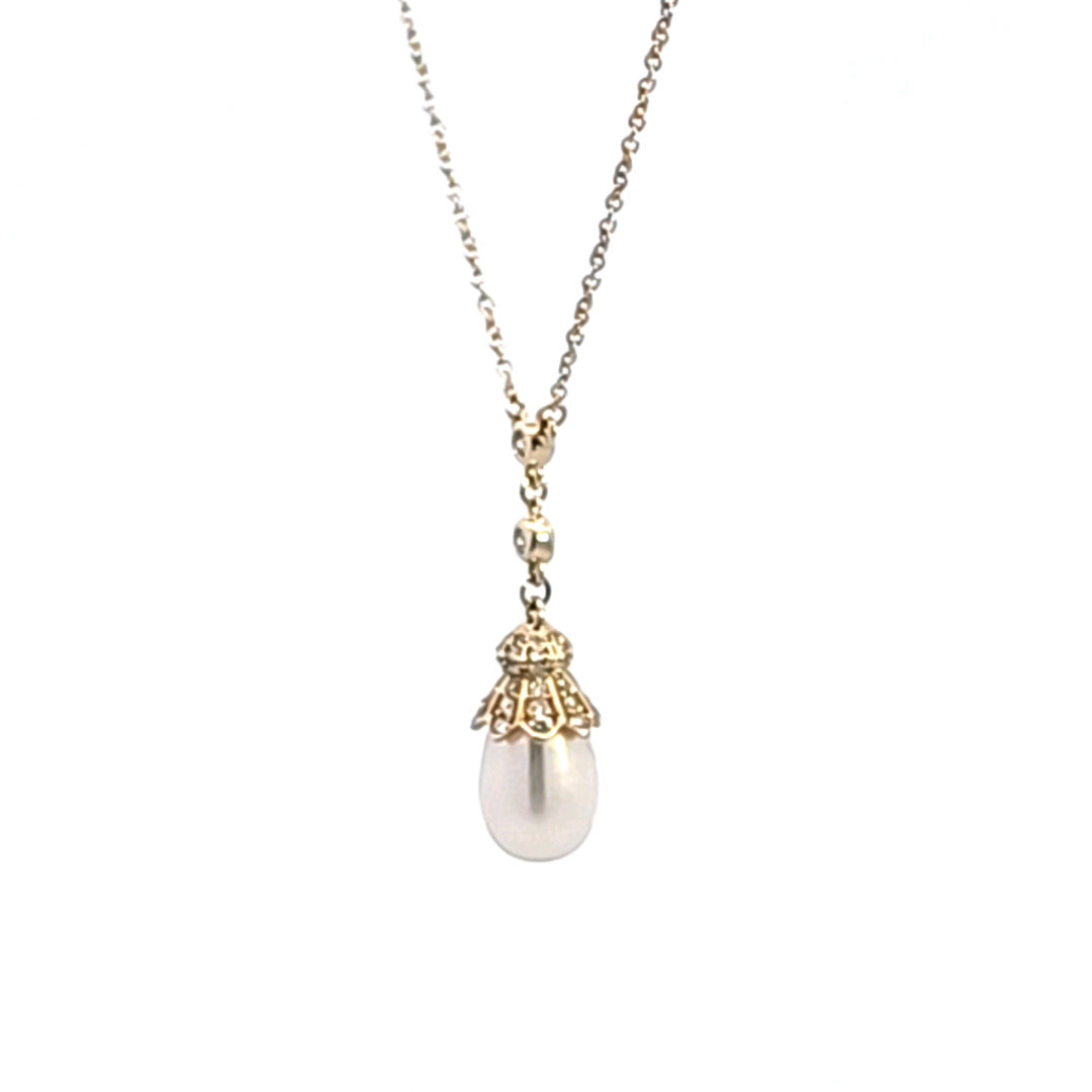 14KY Cultured Drop Pearl and Diamond Pendant