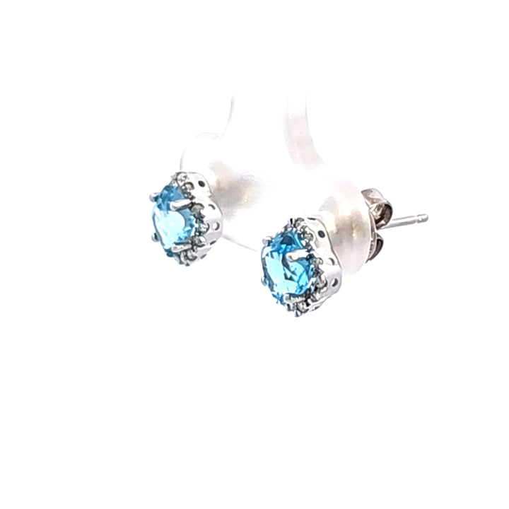 14KW Cushion Blue Topaz and Diamond Earrings