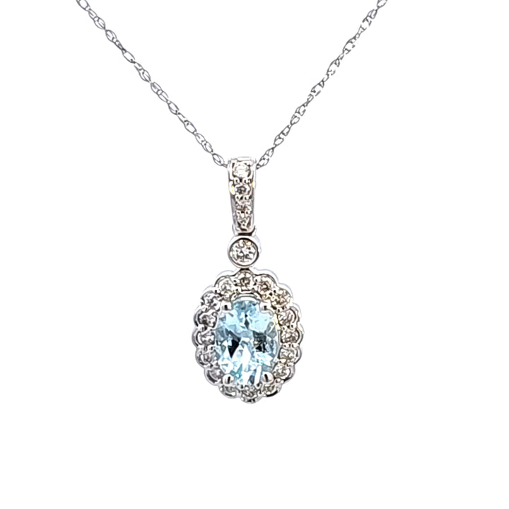 14KW Oval Aquamarine and Diamond Pendant Necklace