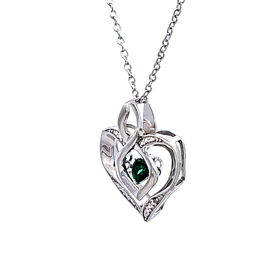 Sterling Silver Created Emerald and Diamond Heart Pendant