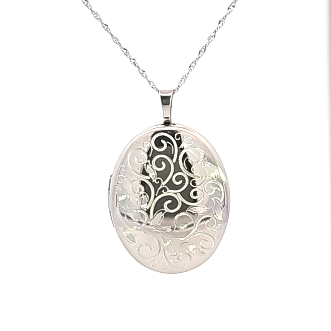 Sterling Silver 26 x 20 mm Scroll Design Rhodium Plated Oval Locket Style: W/O Chain