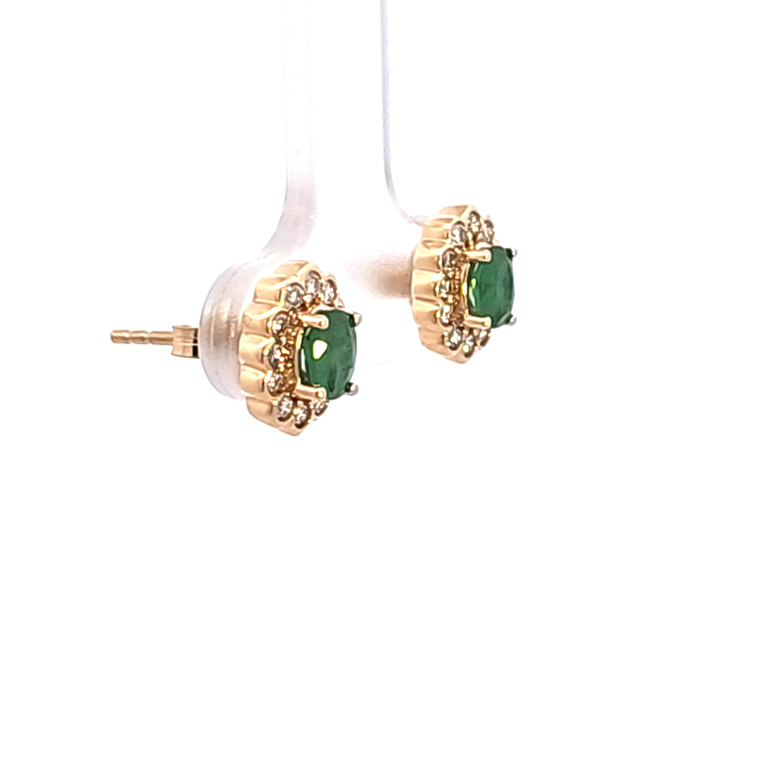 14KY Oval Emerald and Diamond Halo Earrings