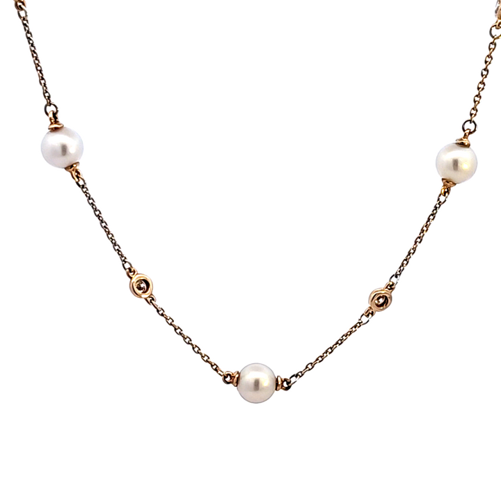 14KY Diamond and Pearl Station Necklace