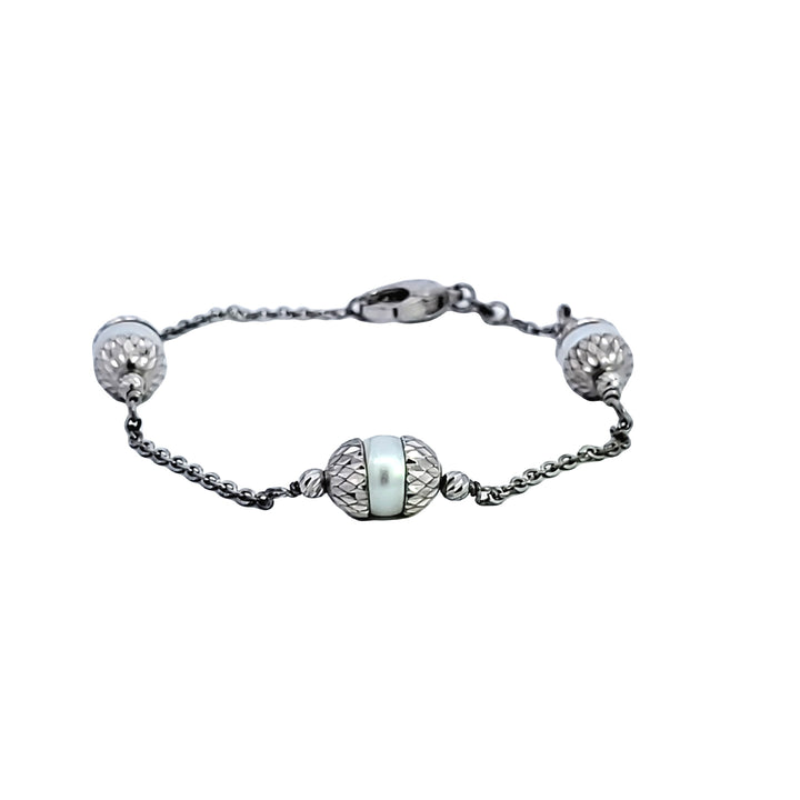 7" Platinum Plated Sterling Silver Bracelet With Round White Pearls