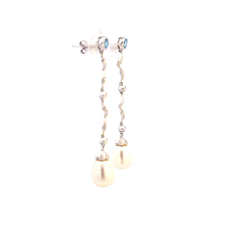 18KW Pearl, Topaz, and Diamond Dangle Estate Earrings