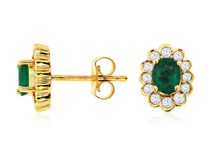 14KY Oval Emerald and Diamond Halo Earrings