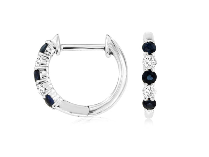 14KW Blue Sapphire and Diamond Hoop Earrings