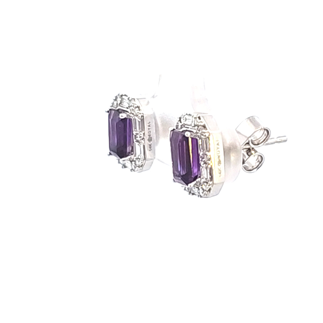 14KW Emerald Amethyst and Diamond Halo Earrings