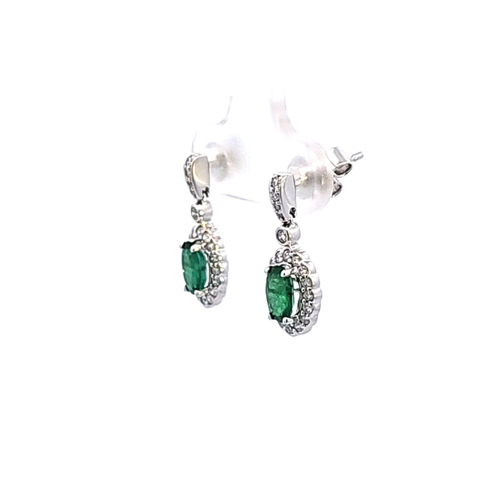 14KW Oval Emerald and Diamond Halo Drop Earrings