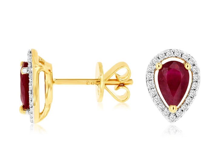 14KY Pear Ruby and Diamond Halo Earrings