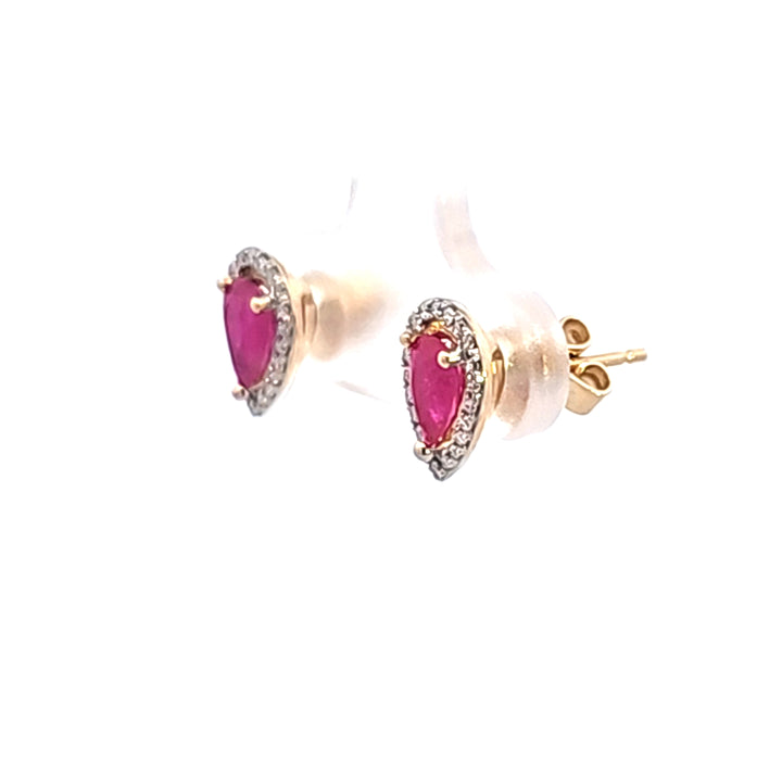 14KY Pear Ruby and Diamond Halo Earrings