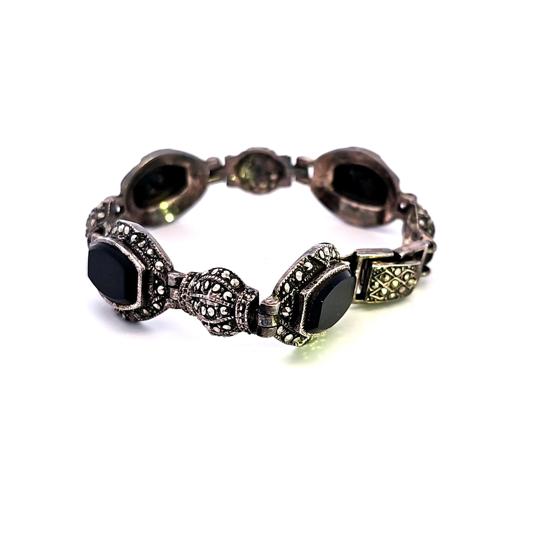 Sterling Silver Onyx and Marcasite Bracelet