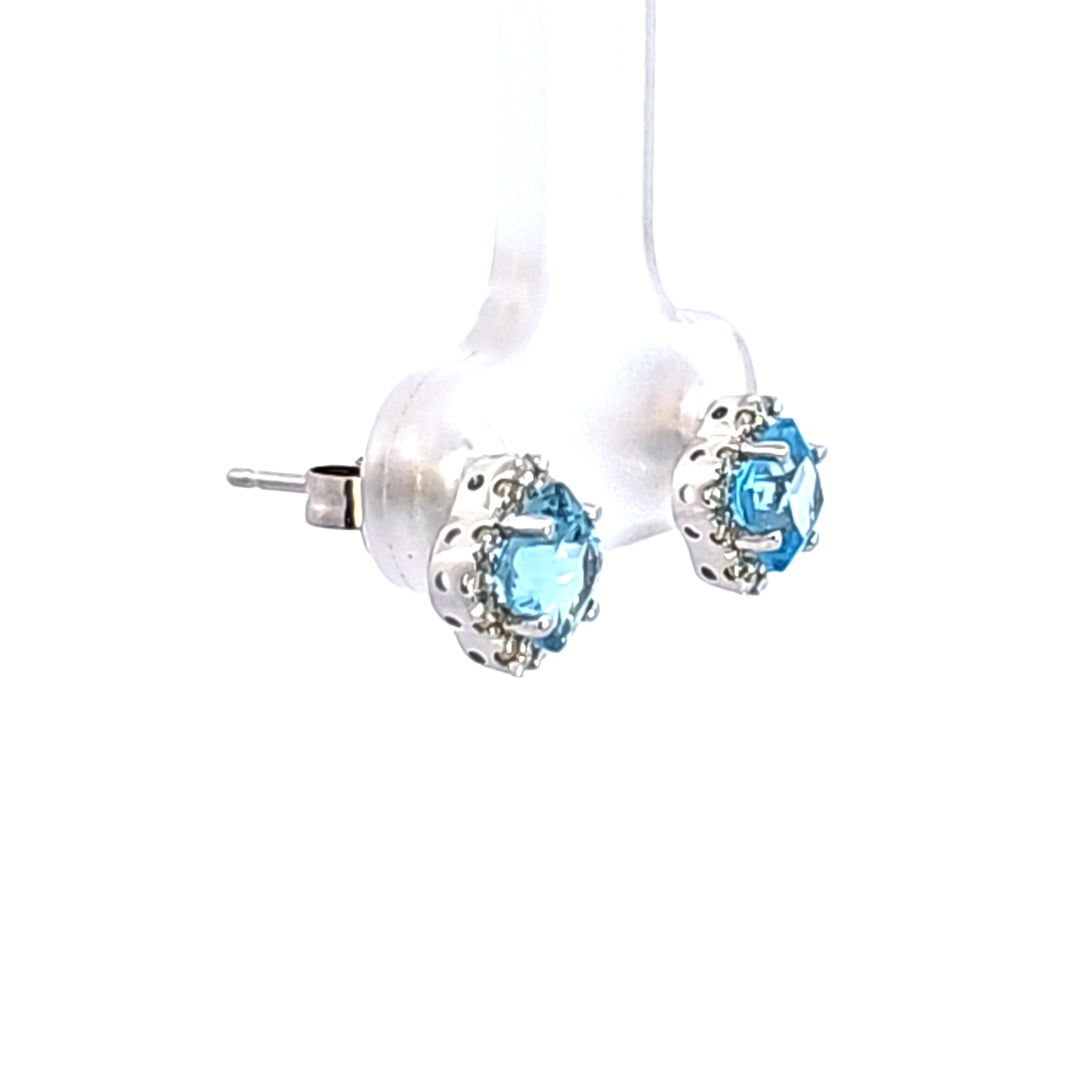 14KW Cushion Blue Topaz and Diamond Earrings