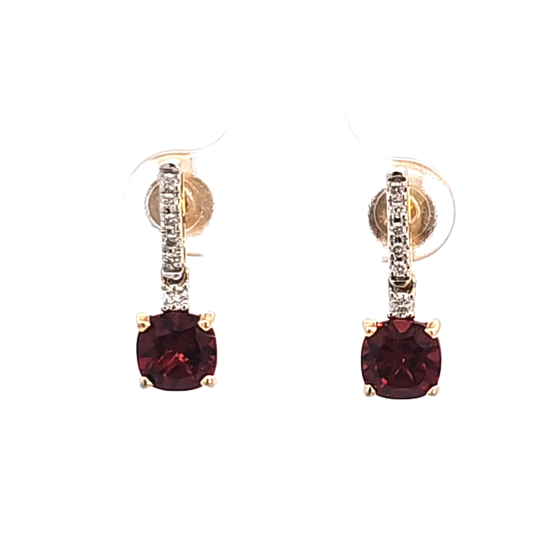14KY Cushion Garnet and Diamond Drop Earrings