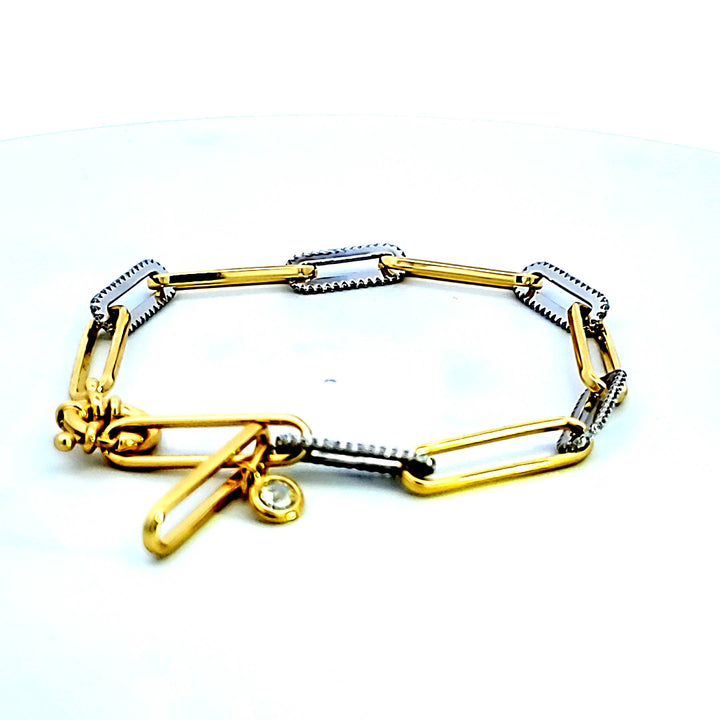 Sterling Silver and 14YG Plated CZ Paper Clip Bracelet