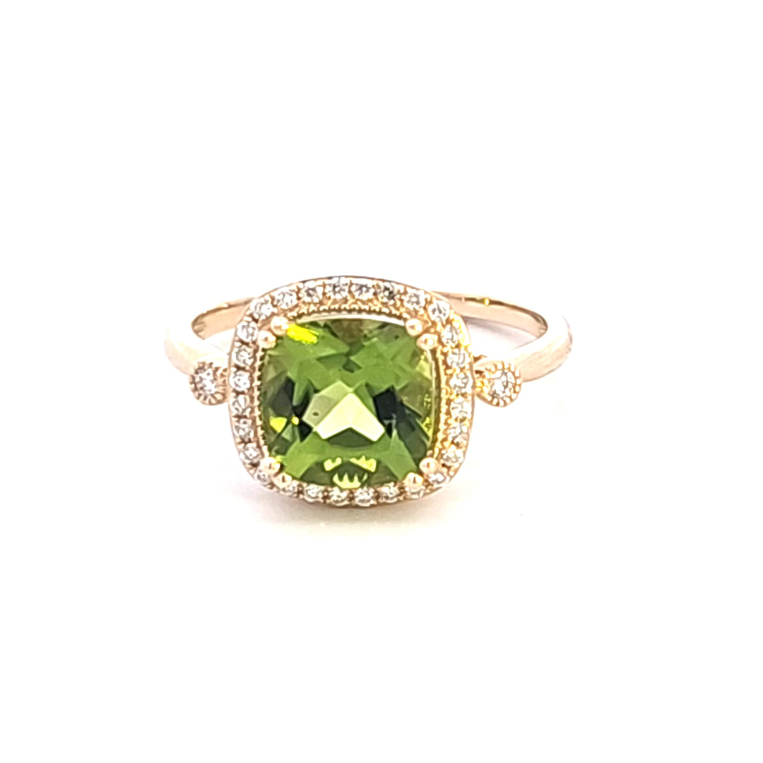 14KY Cushion Peridot and Diamond Halo Ring