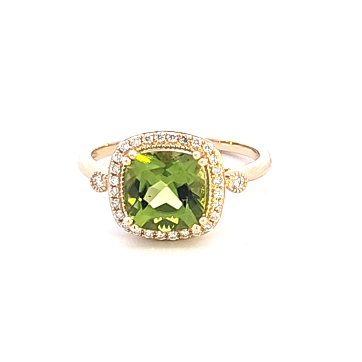 14KY Cushion Peridot and Diamond Halo Ring