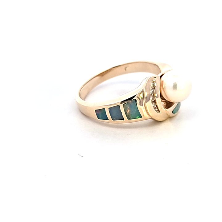 14KY Pearl and Diamond Estate Ring with Opal Inlays