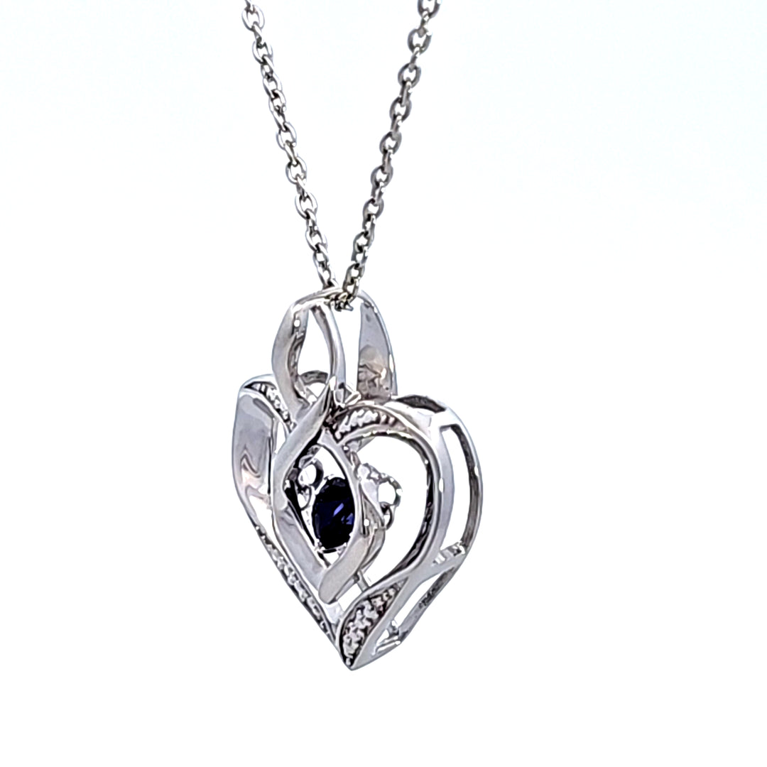 Sterling Silver Created Sapphire and Diamond Heart Pendant