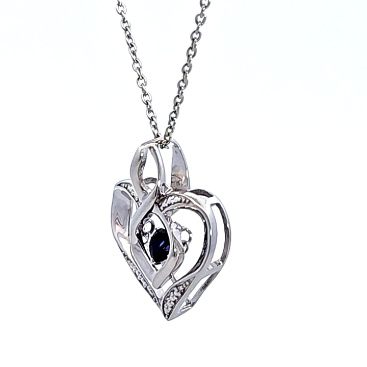 Sterling Silver Created Sapphire and Diamond Heart Pendant