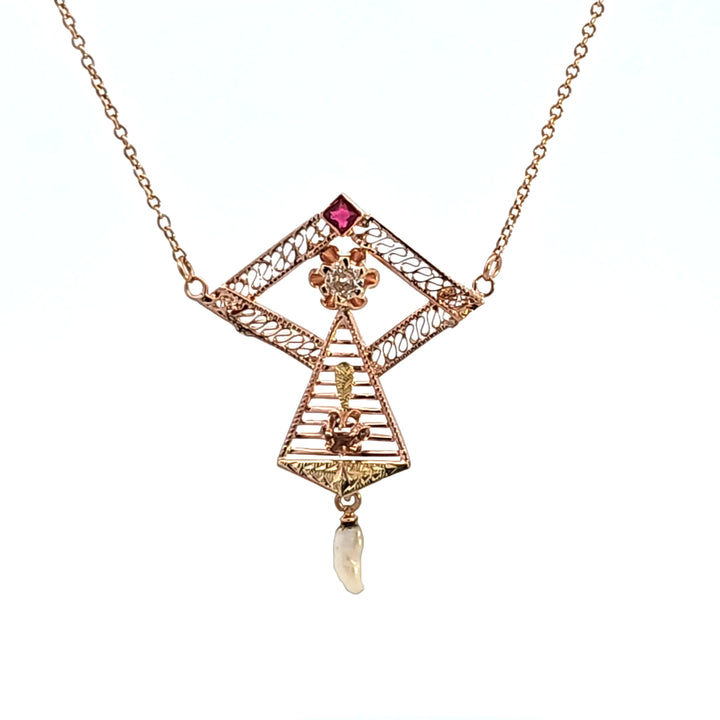 14KR Diamond and Pearl Estate Necklace