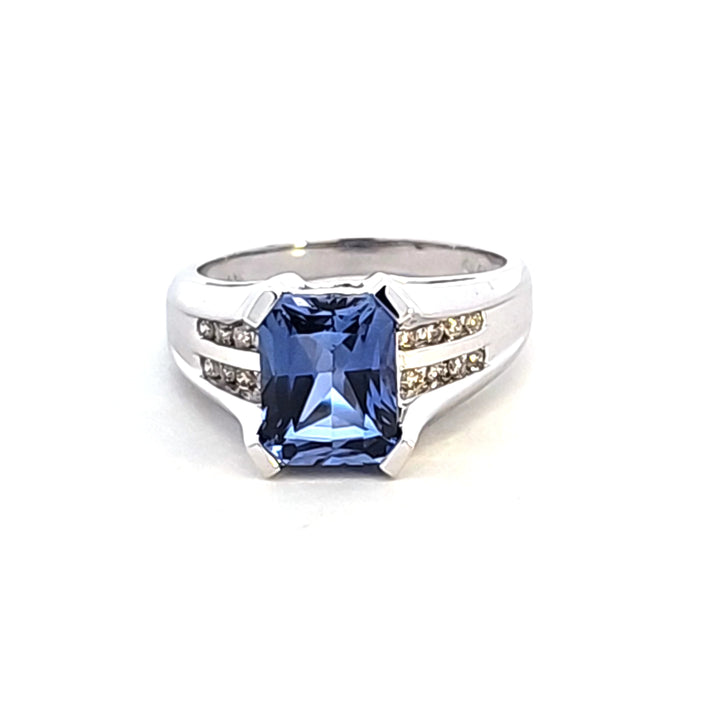 10KW Emerald Cut Synthetic Sapphire and Diamond Estate Ring