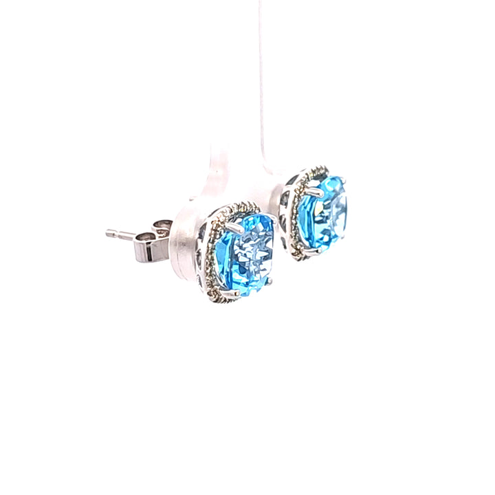 14KW Cushion Blue Topaz and Diamond Halo Earrings
