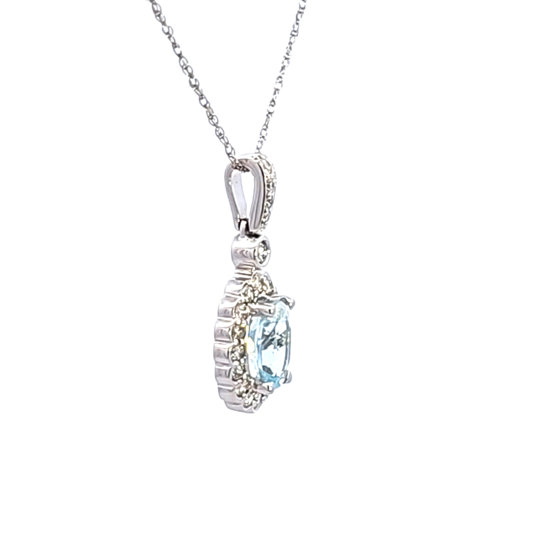 14KW Oval Aquamarine and Diamond Pendant Necklace