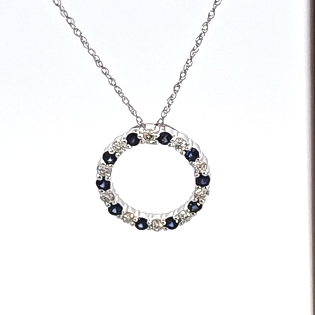 14KW Blue Sapphire and Diamond Circle Pendant Necklace