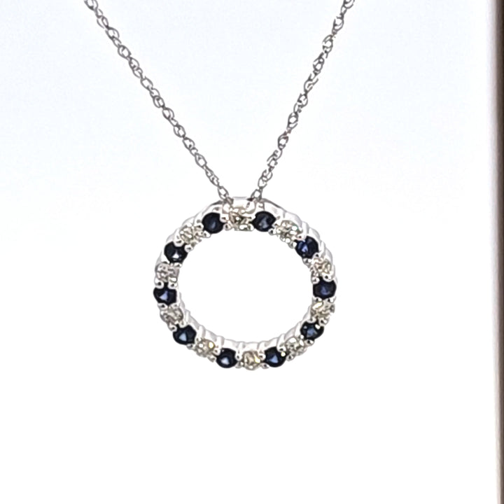 14KW Blue Sapphire and Diamond Circle Pendant Necklace