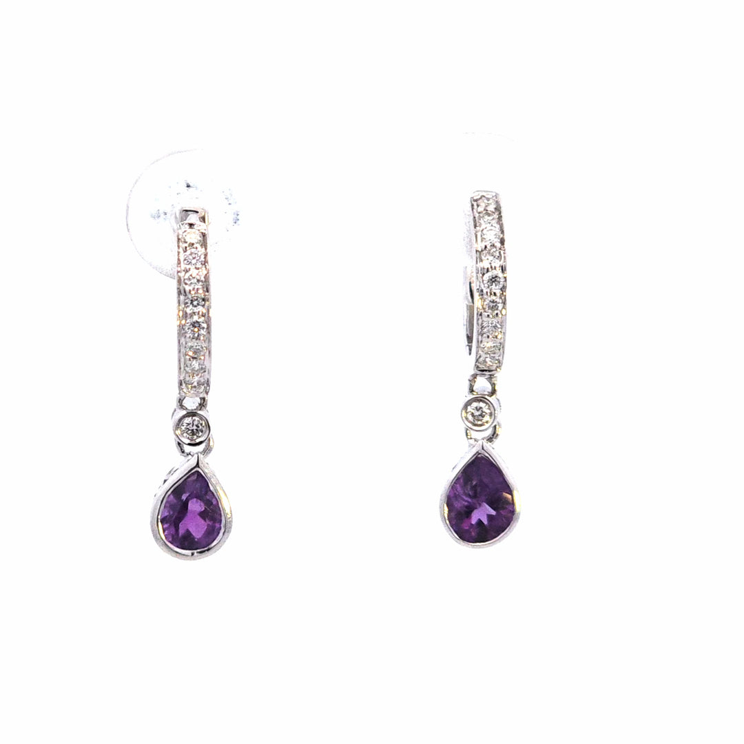 18KW Pear Amethyst and Diamond Drop Earrings